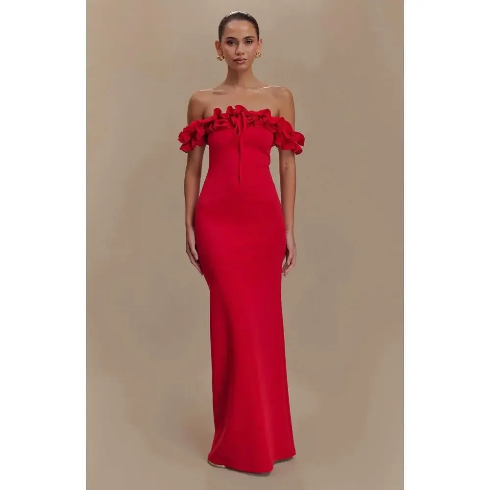 Meshki Red Off-Shoulder Ruffle Maxi Dress - Picture 1 of 16